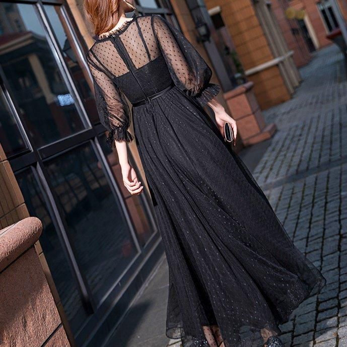 ドレス ドット柄 シアー Aライン ロングドレス クルーネック