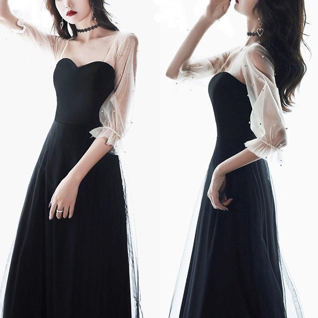 ドレス モノトーン スクエアネック ハートカット Aライン ロング丈