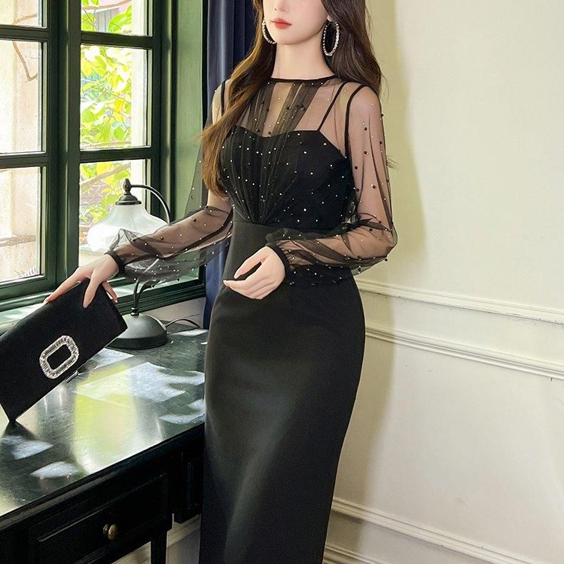 ボリュームスリーブ Aライン結婚式パーティードレス38（M） チャコールグレー ボリュームスリーブ Aライン結婚式パーティードレス38（M