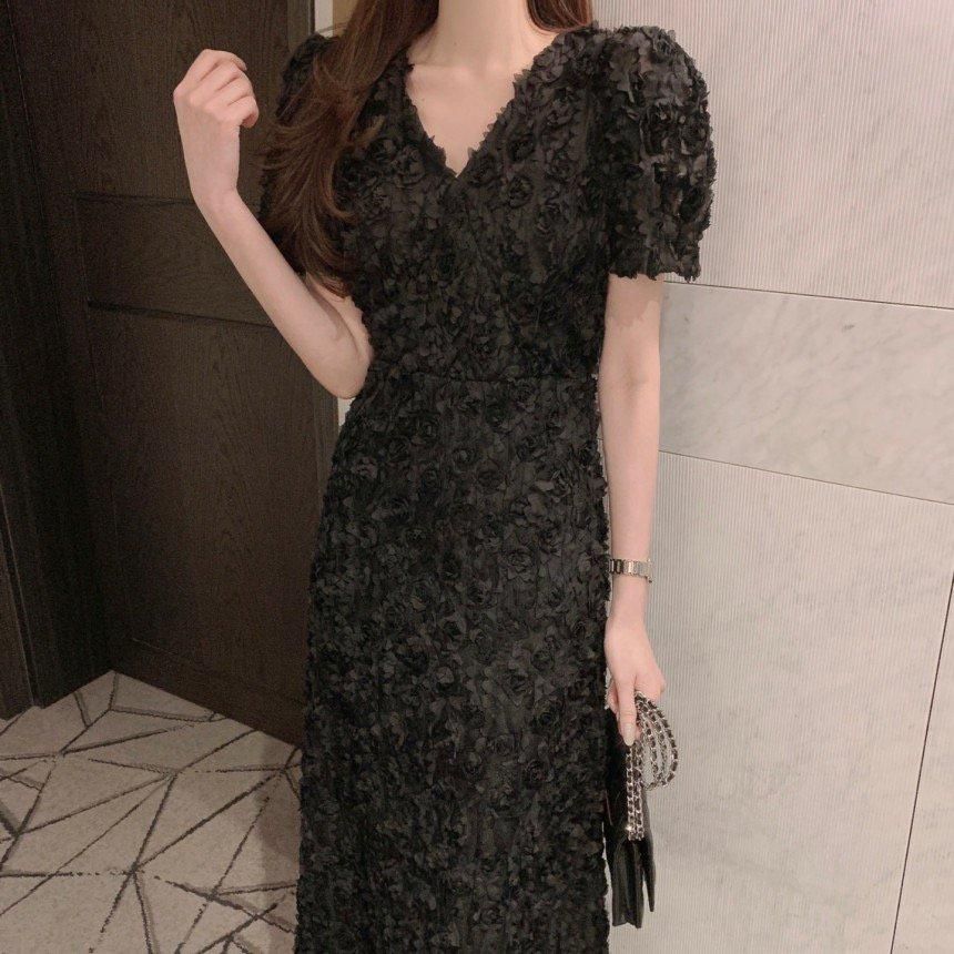 ドレス 花柄 Vネック パフスリーブ Iライン ロング丈 華やか