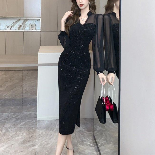 ドレス ラメ リブ Vネック タイトドレス シアースリーブ