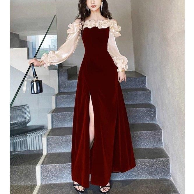 【極美品】ベロアオフショルダードレス ドレス ベロア フリル バイカラー Aライン オフショルダー