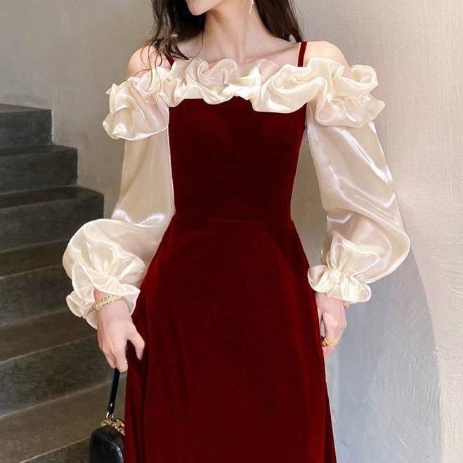 【極美品】ベロアオフショルダードレス ドレス ベロア フリル バイカラー Aライン オフショルダー