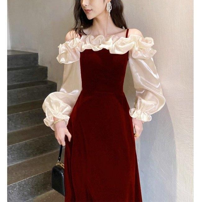 ドレス ベロア フリル バイカラー Aライン オフショルダー