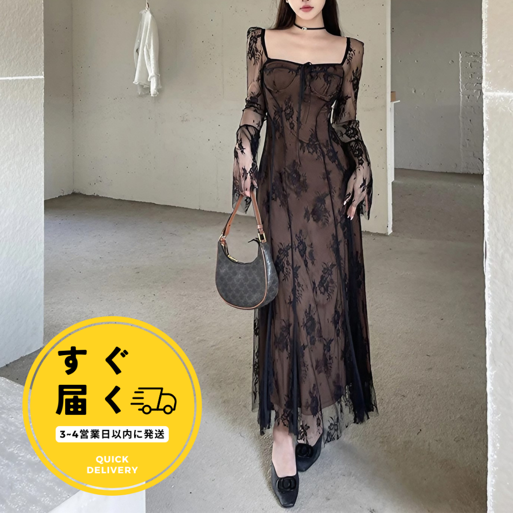 即納商品】ドレス 花柄 シアー シースルー スクエアネック 即納商品】ドレス 花柄 シアー シースルー スクエアネック