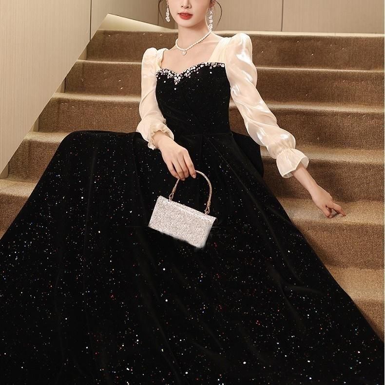 バーガンディ ビジューネックライン ドレス パーティードレス Aラインワンピ ビジューネック[品番