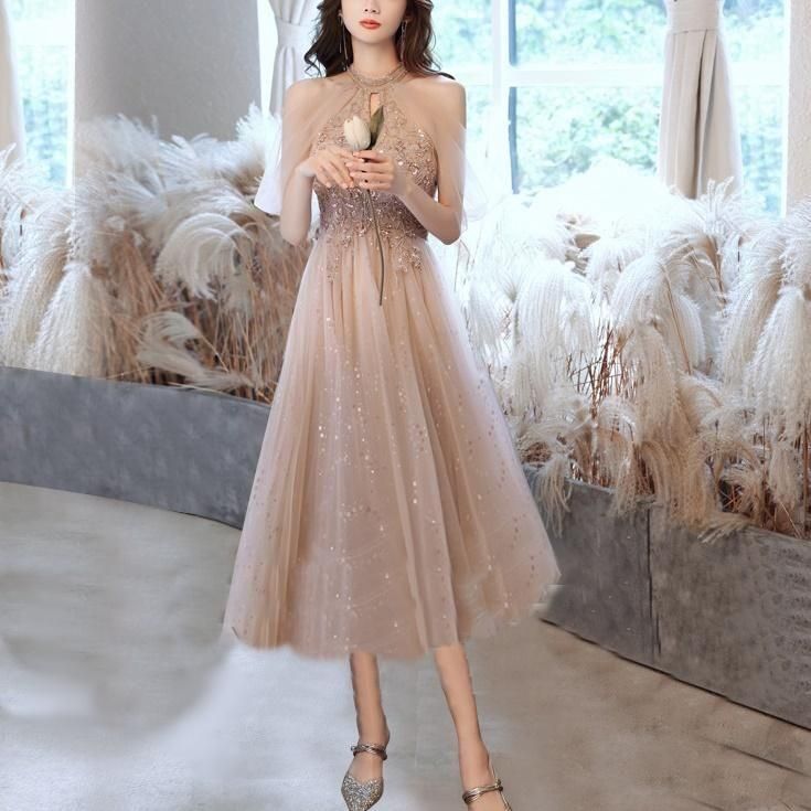 ドレス ホルターネック オフショルダー スパンコール 刺繍 A