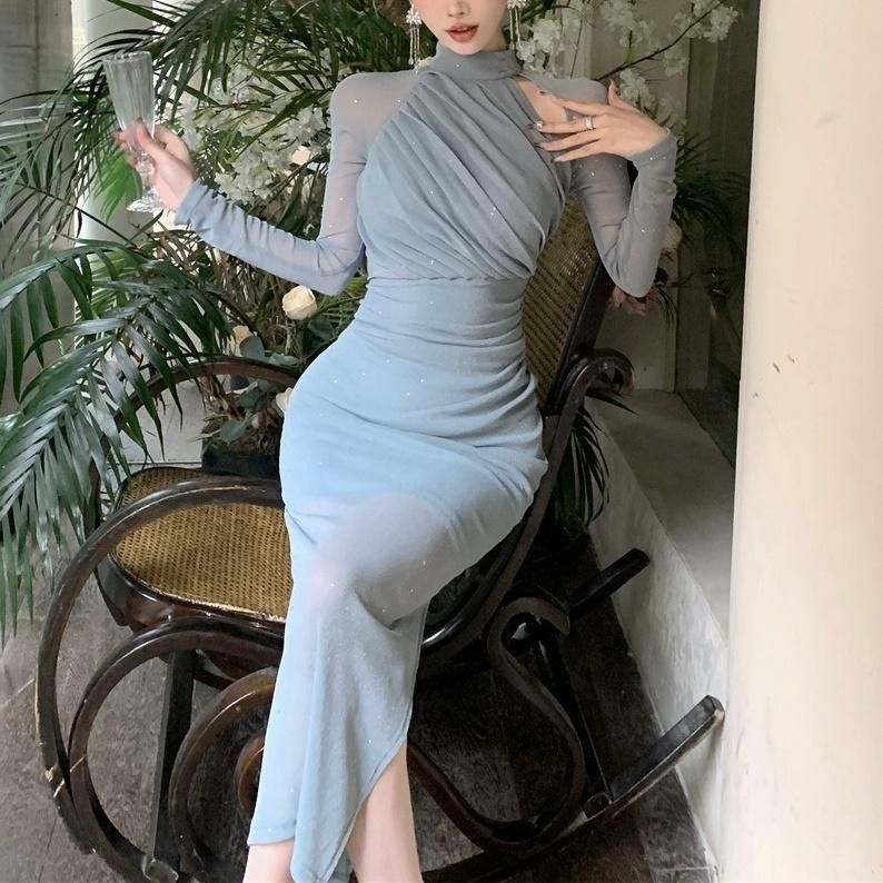 HALSTON アシンメトリックマキシドレス HALSTON サテン マキシワンピース アシンメトリー ドレープ入り