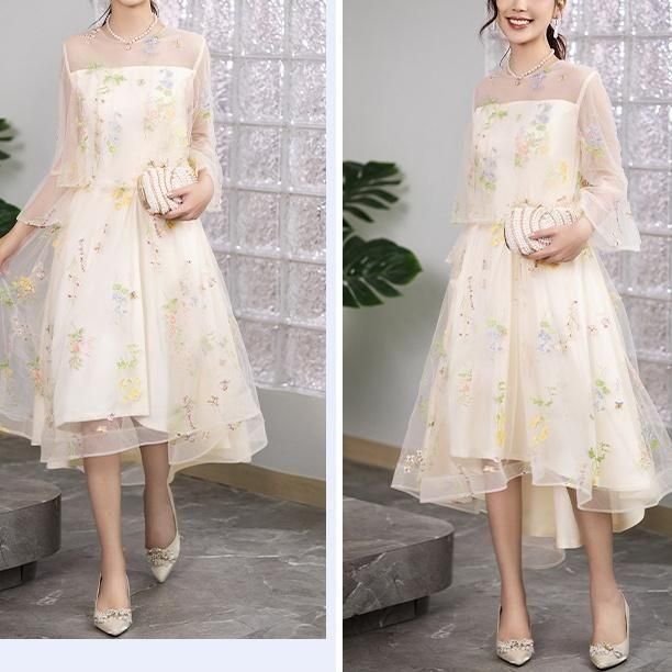 ドレス 花柄 刺繍 Aライン フィッシュテール クルーネック シアー