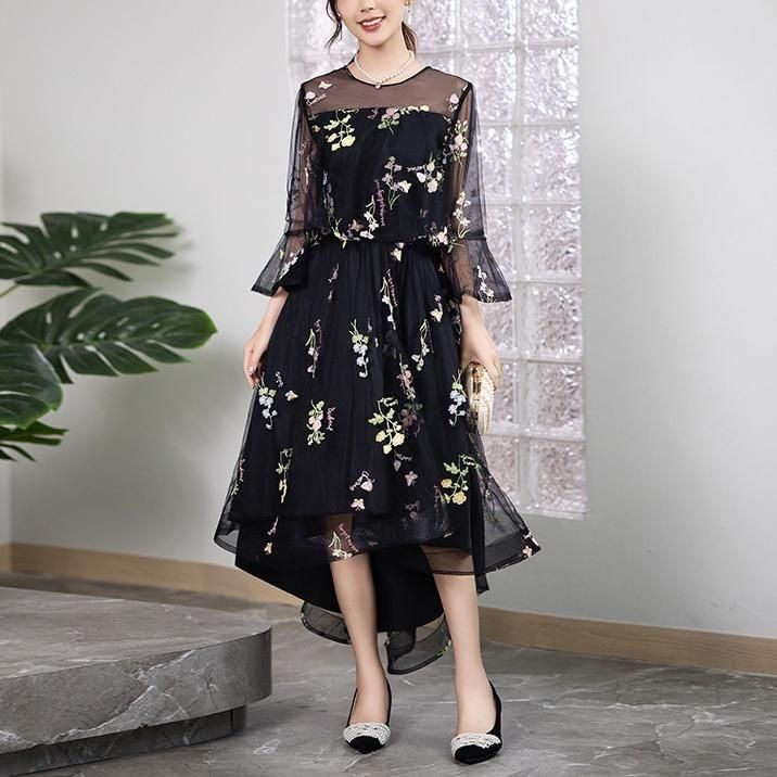 ドレス 花柄 刺繍 Aライン フィッシュテール クルーネック シアー