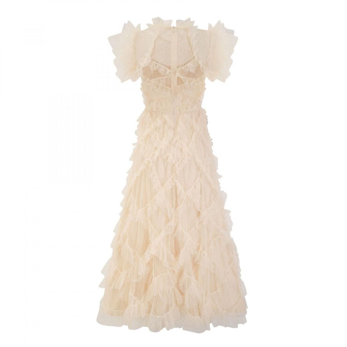 ドレス フリル Aライン ロング丈 ハイネック フリルスリーブ