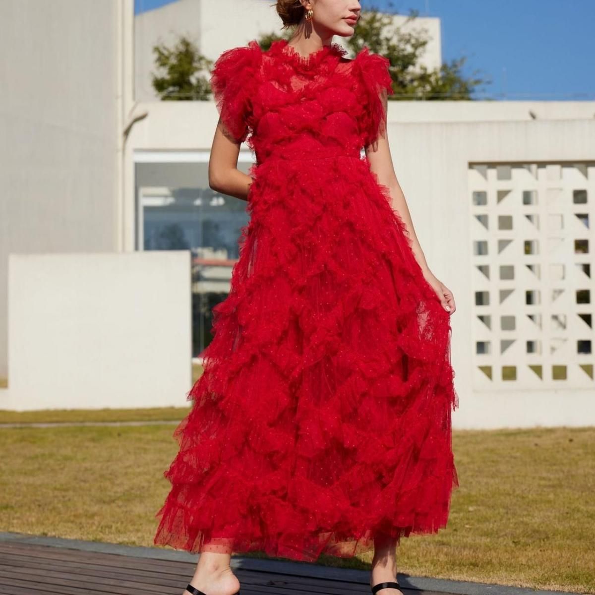 【an】ハイネックフリルドレス ドレス フリル Aライン ロング丈 ハイネック フリルスリーブ