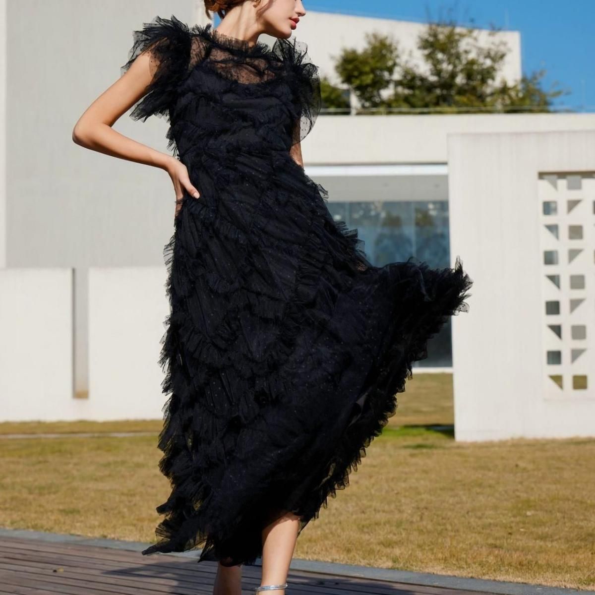 フリルスリーブ マキシドレス 花柄 黒 ダブルフリルスリーブ フラワー フェザー 刺繍 ドレス
