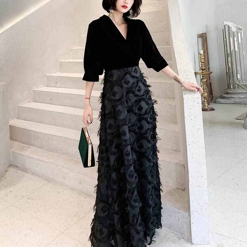 社交ダンス　ナディアドレス 黒 ベルベット マーメイドラインパーティードレス ベルベット黒 ホルターネック