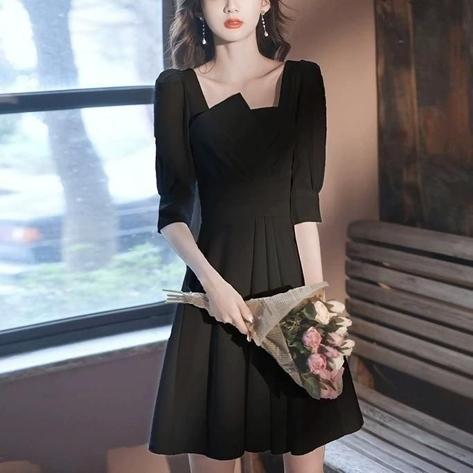 ドレス バスクエアネック アシンメトリー Aライン ハイウェスト