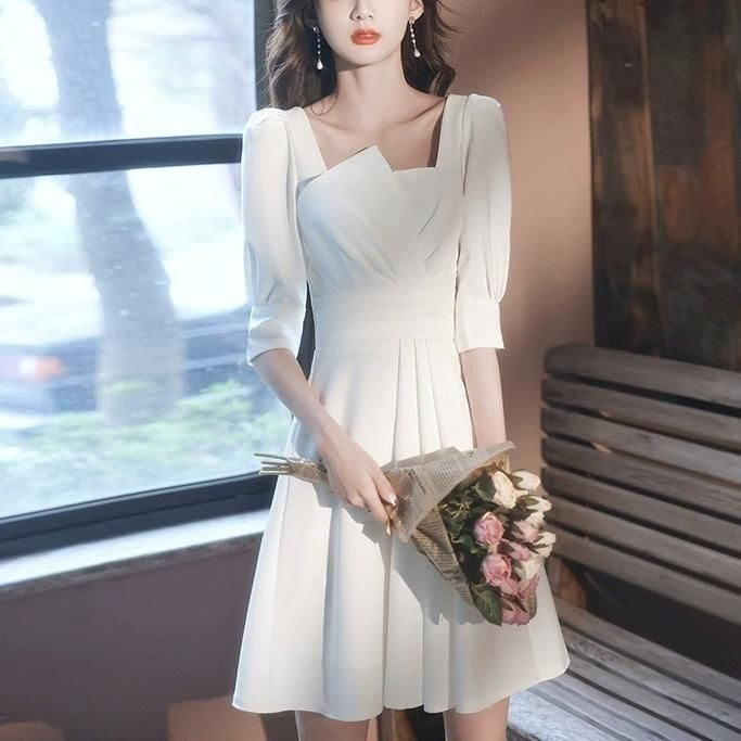 ドレス バスクエアネック アシンメトリー Aライン ハイウェスト