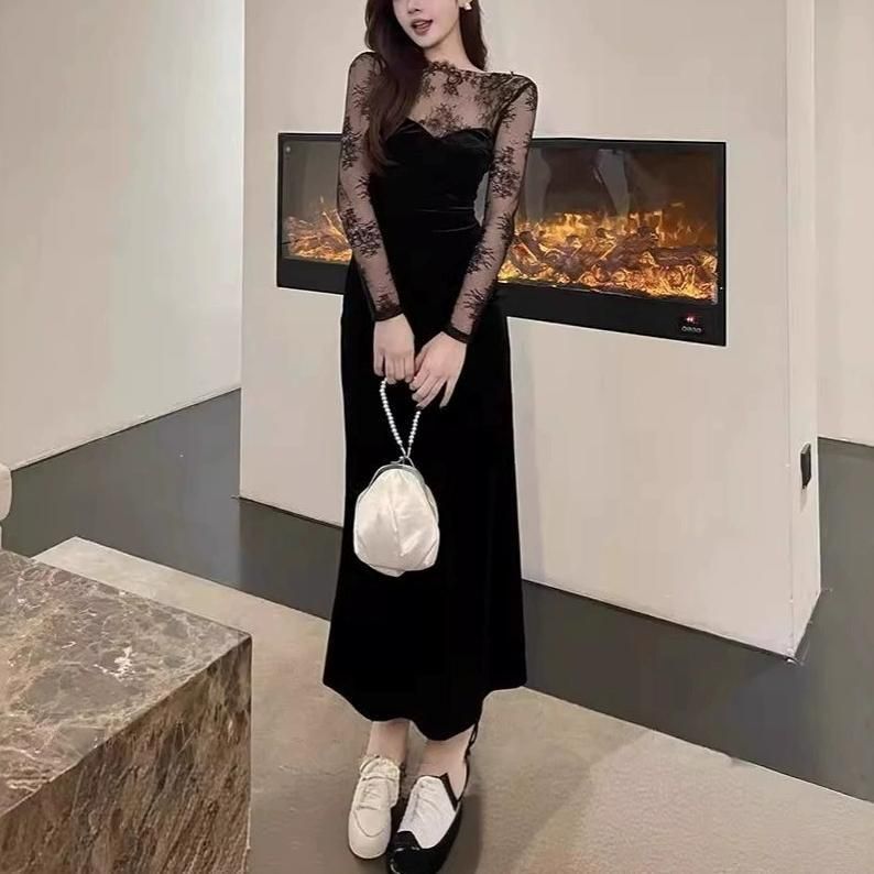 ドレス ベルベッド ベロア 花柄 レース シアー マーメイド