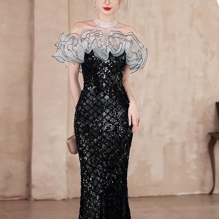 ドレス フリル ホルターネック スパンコール マーメイド ロング丈 I