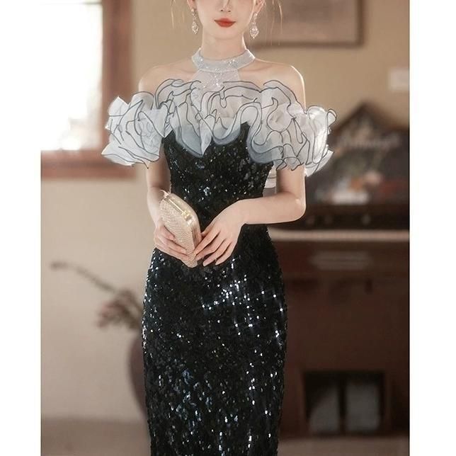 ドレス フリル ホルターネック スパンコール マーメイド ロング丈 I