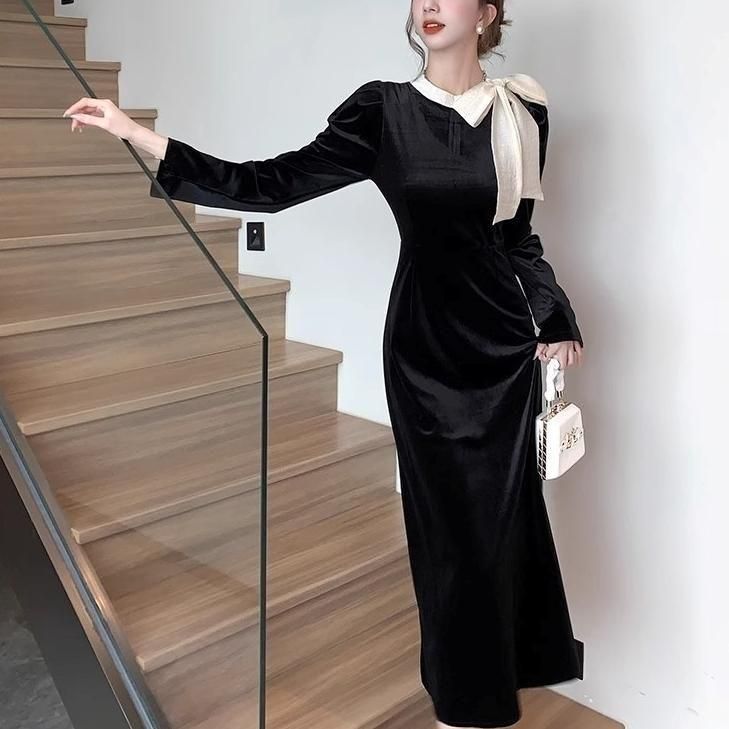 ドレス リボン モノトーン バイカラー ベロア ベルベッド ロング丈