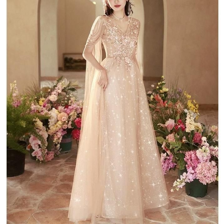 ドレス ラインストーン ベール Aライン Vネック 花柄 ハイウェスト