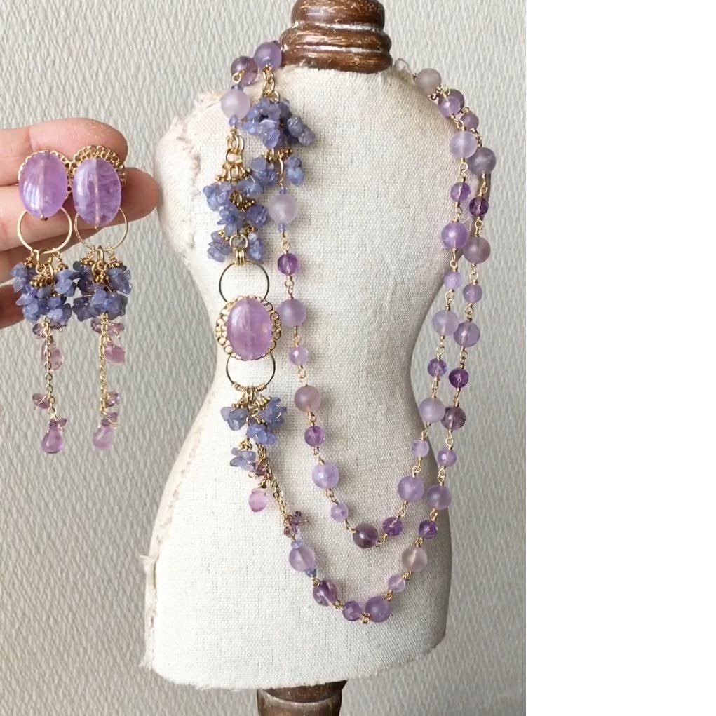 紫陽花 カラー 天然石 ビーズロングネックレス 大ぶり ネックレス