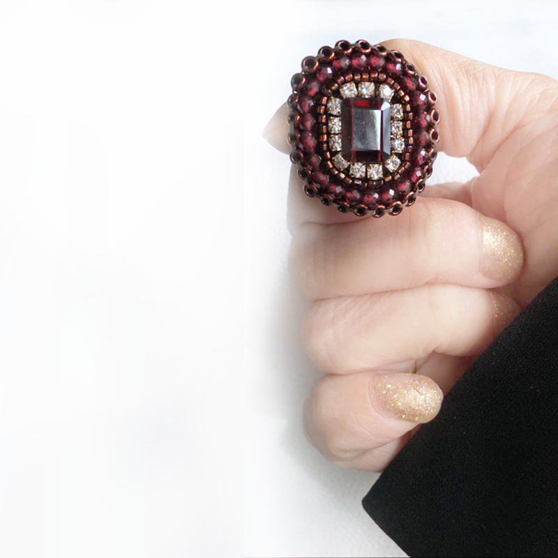 ガーネット ビーズ 刺繍 リング (指輪) 大粒 赤 天然石 ビーズリング 