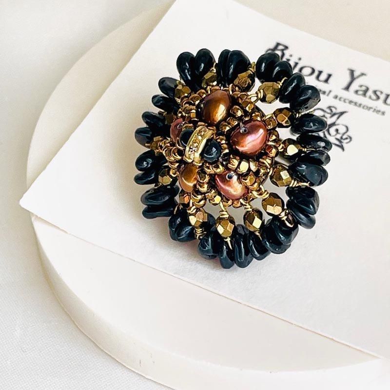 ブラックスピネル 天然石 リング 大粒 フラワー ブラック スピネル