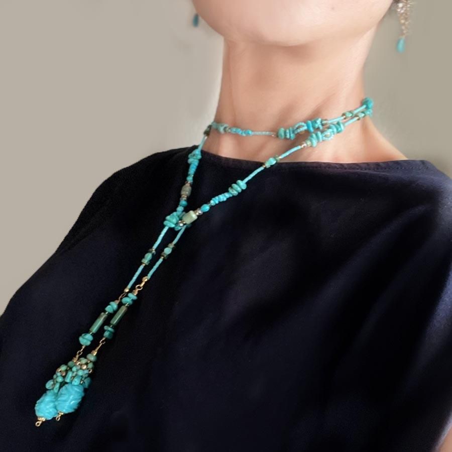 大人 ターコイズ ブルー ビーズ ラリエット ネックレス ロング 大ぶり