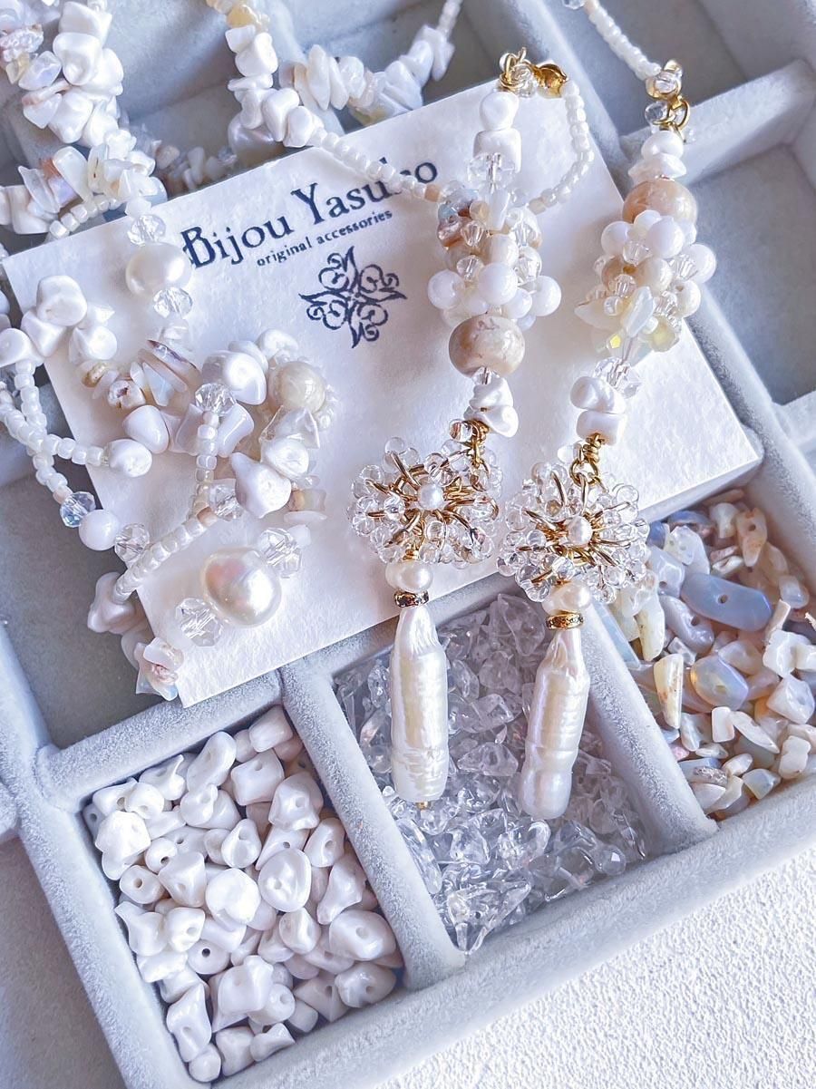 オパール 天然石 ビーズ ラリエット ネックレス 白 淡水パール ロング