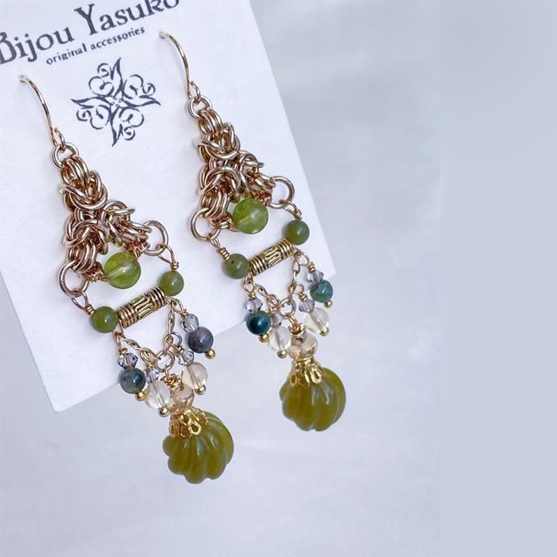 緑 天然石 ペリドット オリーブジェイド ピアス・イヤリング ゴールド