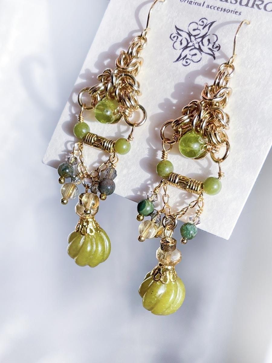 036＊クリア 黄緑ゴールド レトロ チェーン ピアス イヤリング 緑 天然石 ペリドット オリーブジェイド ピアス・イヤリング ゴールド