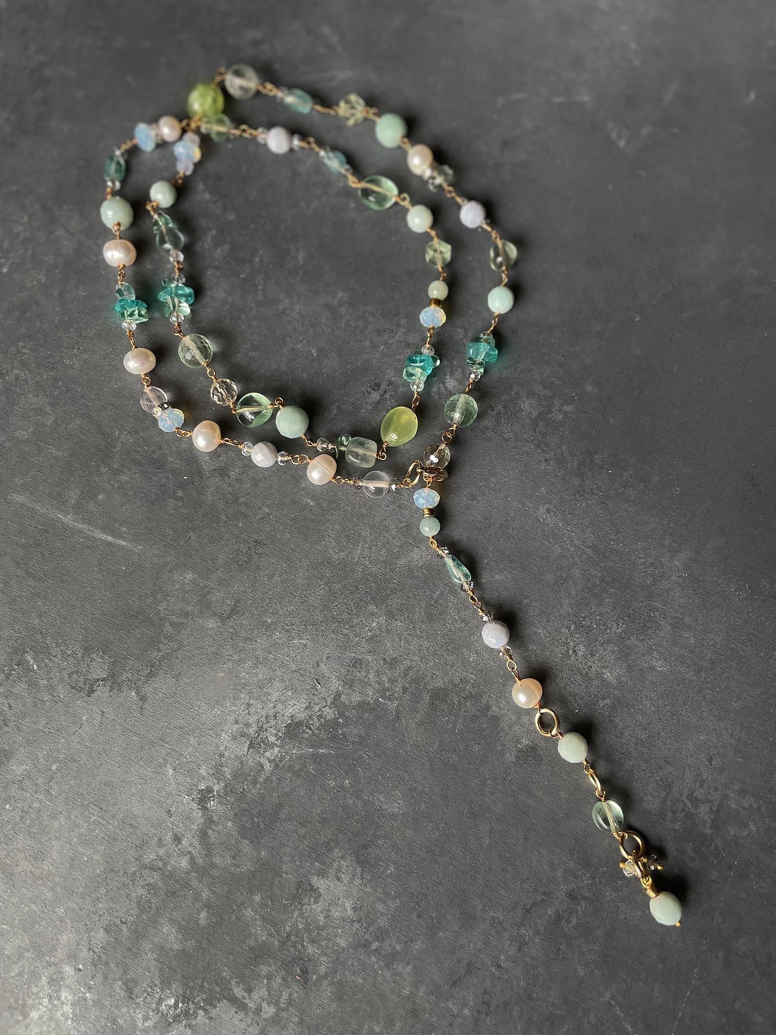 天然石 ダークグリーン ビーズネックレス 天然石 アマゾナイト ロングネックレス ミントグリーン ビーズ