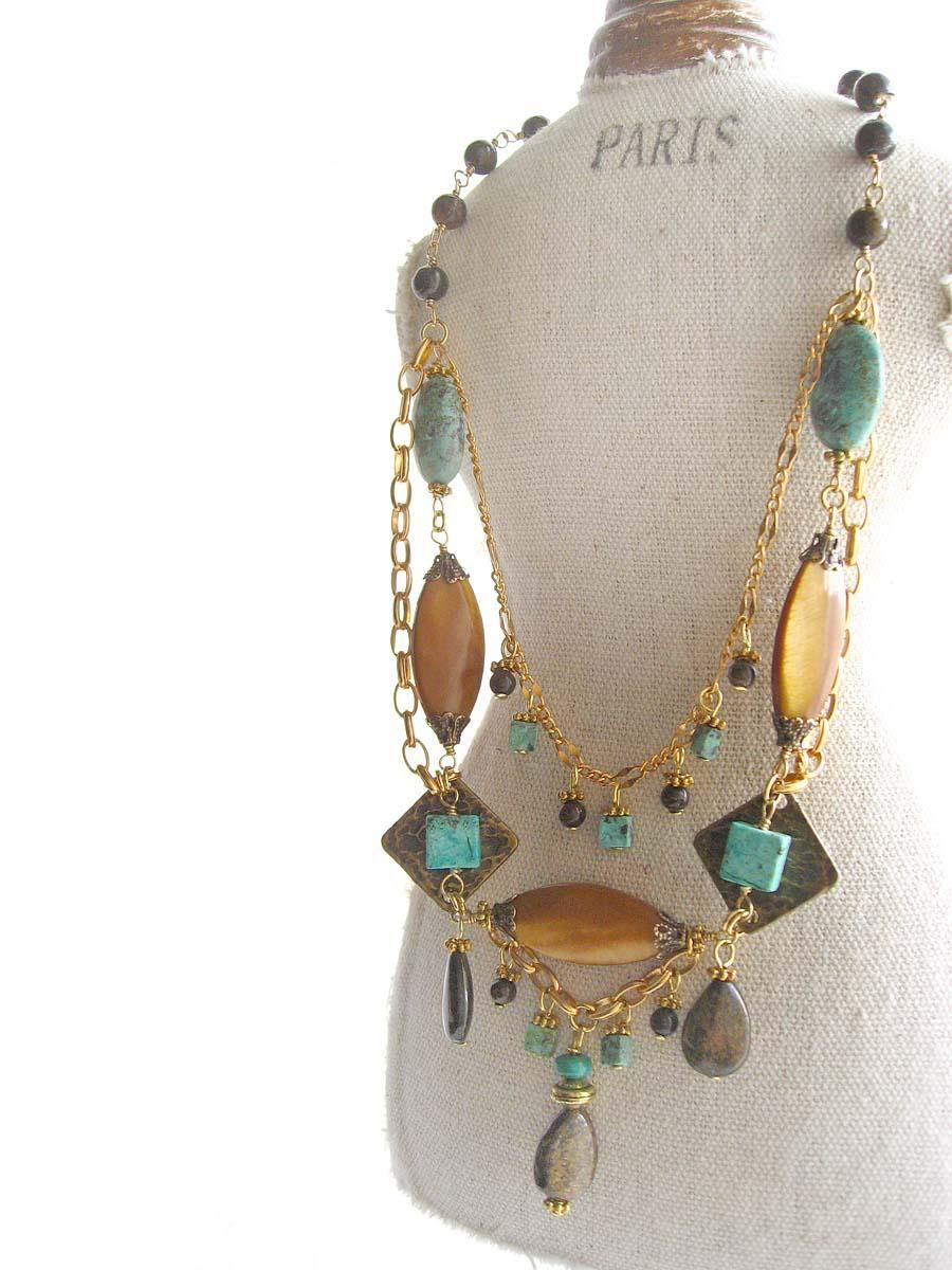 ヴィンテージ ビーズ ネックレス 大粒 ブラウン グリーン 天然石