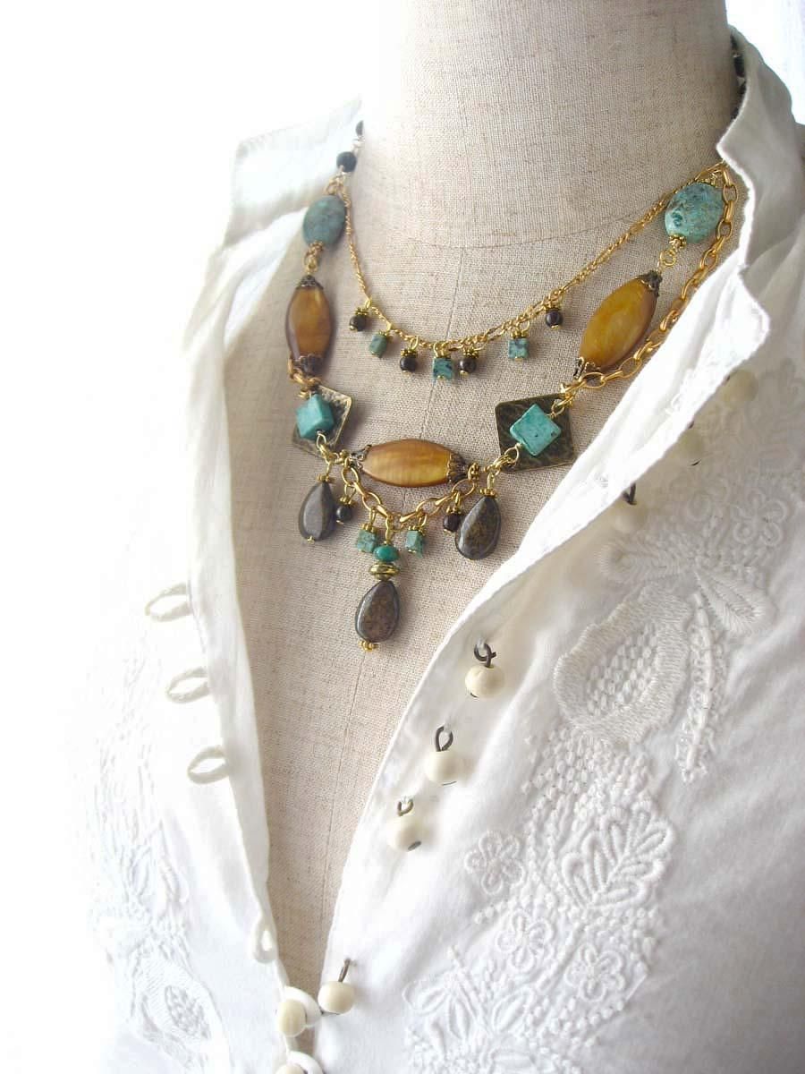 ヴィンテージ ビーズ ネックレス 大粒 ブラウン グリーン 天然石