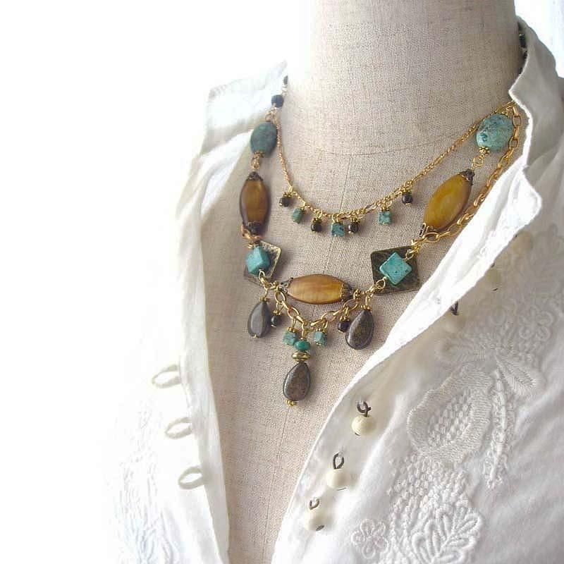 ヴィンテージ ビーズ ネックレス 大粒 ブラウン グリーン 天然石