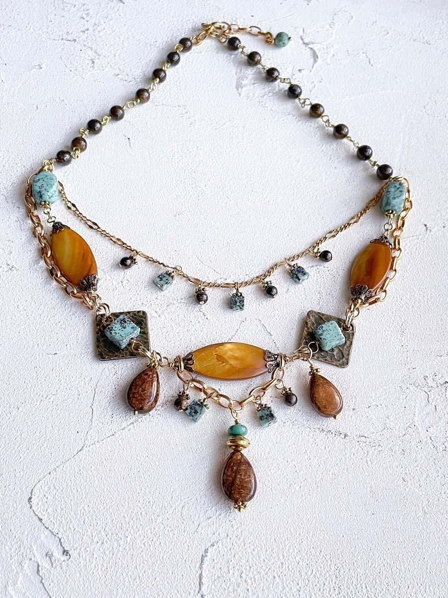 ヴィンテージ ビーズ ネックレス 大粒 ブラウン グリーン 天然石