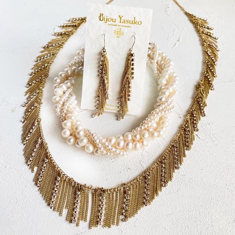 結婚式 フリンジ ネックレス ゴールド チェーン スワロフスキー クリスタル ダイヤレーンネックレス パーティー お呼ばれ 大ぶり 通販 ハンドメイドフォーマルアクセサリーのbijouyasuko