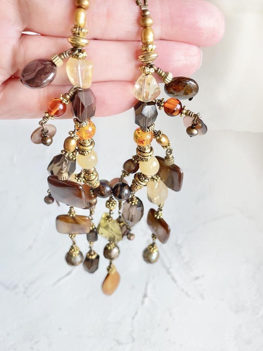 大ぶり ゴールド 天然石 ビーズネックレス 大粒 ボヘミアン フリンジ