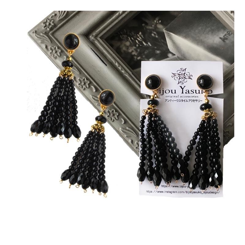 黒 オニキス タッセル イヤリング オニキス カボション 大ぶり