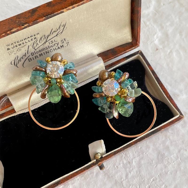 1点物　ビジュー　緑　ヴィンテージ　クリア　マーブル　ピアス　イヤリング　金 1点物 ビジュー 緑 ヴィンテージ クリア マーブル ピアス イヤリング 金