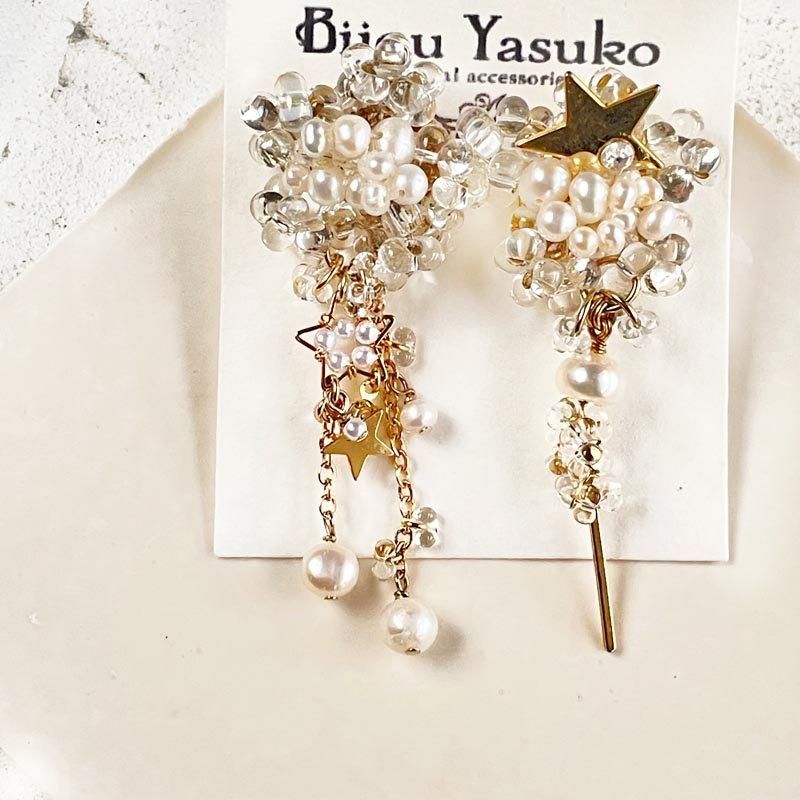 星 パール スター ピアス・イヤリング 淡水パール ゴールド 大人の アシンメトリー 星 ピアス 大きめ 結婚式 通販 | ハンドメイド天然石ビーズアクセサリーのBijouYasuko