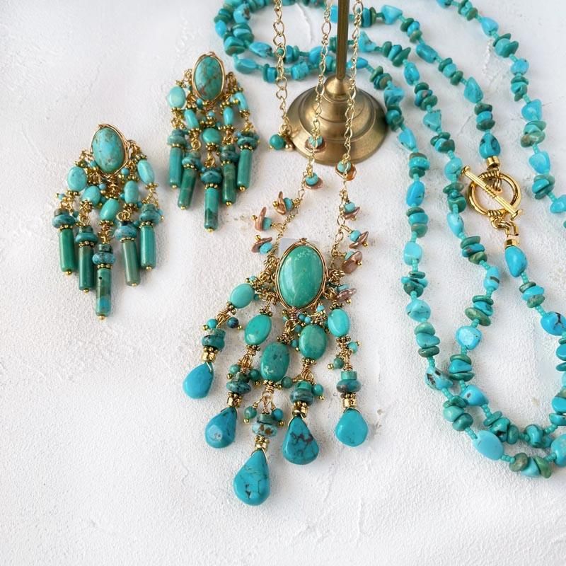 大粒 天然 ターコイズ ペンダント トップ チェーン ネックレス ブルー