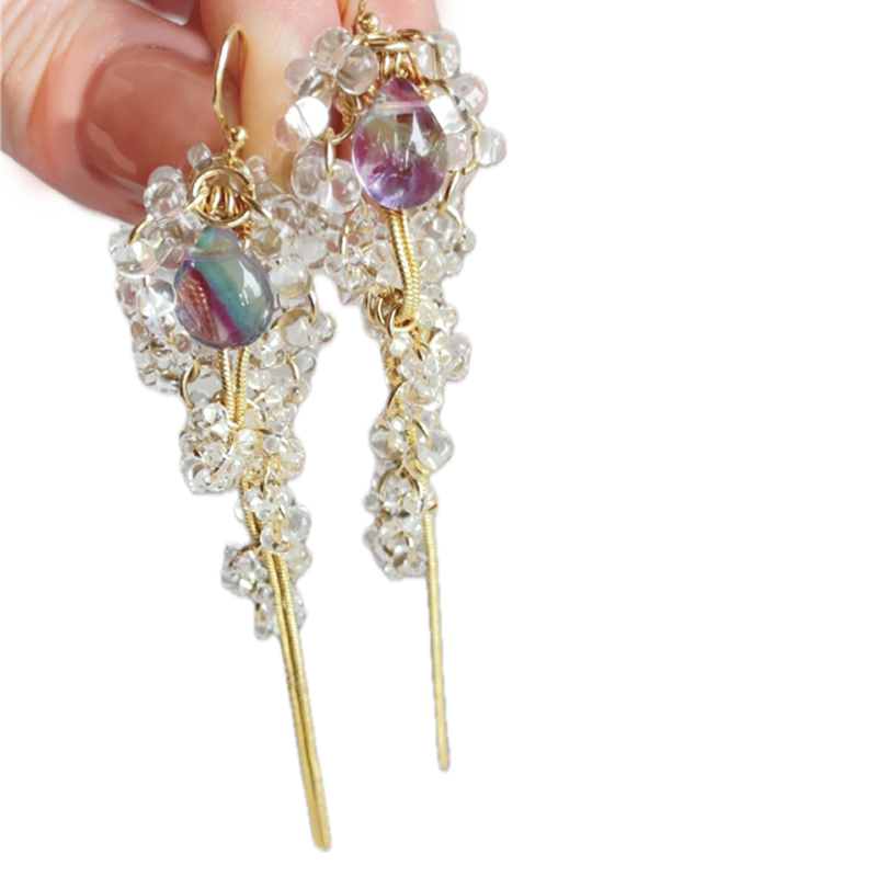 フローライト ドロップ ロング チェーン 天然石 ピアス