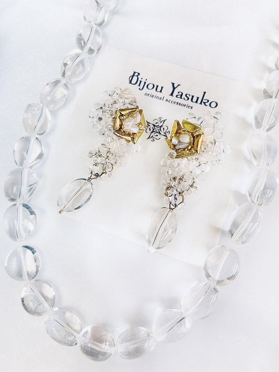 水晶 ケシパールのビジューピアス・イヤリング 淡水パール