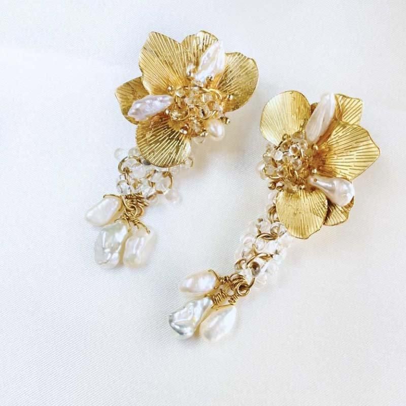結婚式 お呼ばれ ゴールドフラワー ビジュー ピアス バロック