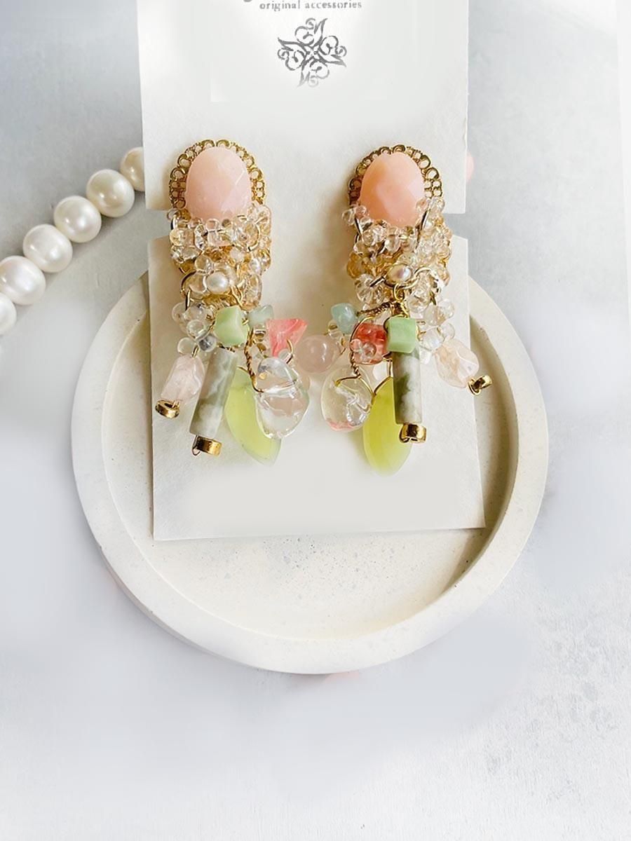 ピンクゴールド オパールスクエアカットリングとピアス【ete】 四角 ピアス