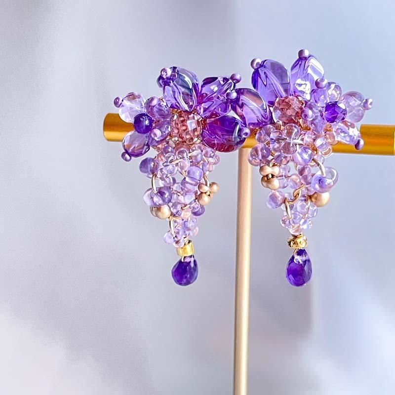 【129】アメジスト（紫水晶）＋水晶ピアス/イヤリング天然石ビーズ現品 129】アメジスト（紫水晶）＋水晶ピアス/イヤリング天然石ビーズ