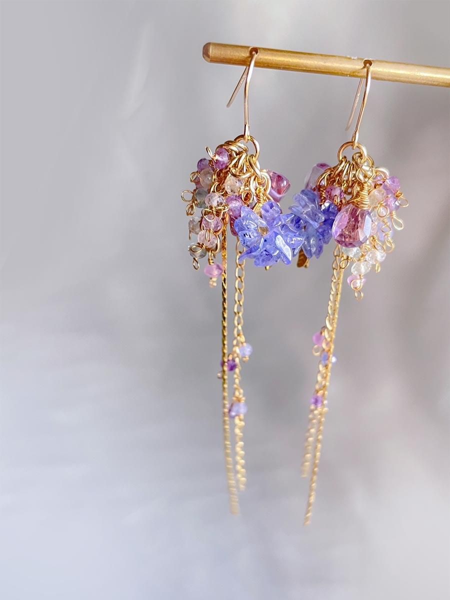 【天然石ピアス】タンザナイト×ゴールドルチル×三日月パール 高品質7cmロング 天然石ピアス】タンザナイト×ゴールドルチル×三日月パール 高