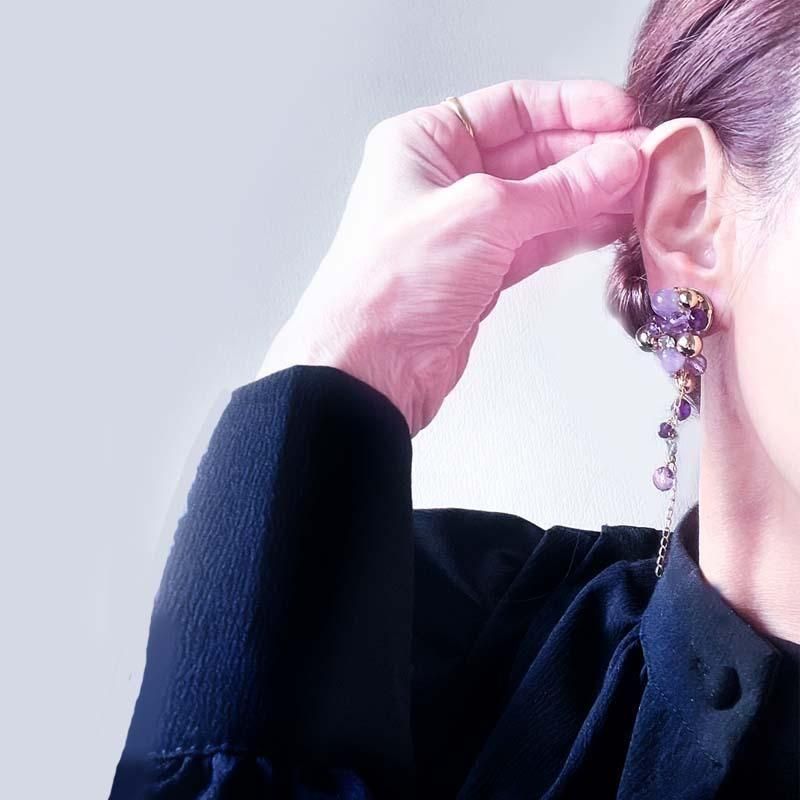 129】アメジスト（紫水晶）＋水晶ピアス/イヤリング天然石ビーズ現品